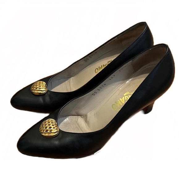 Salvatore Ferragamo Vintage Black Heels with Gold - Picture 2 of 8
